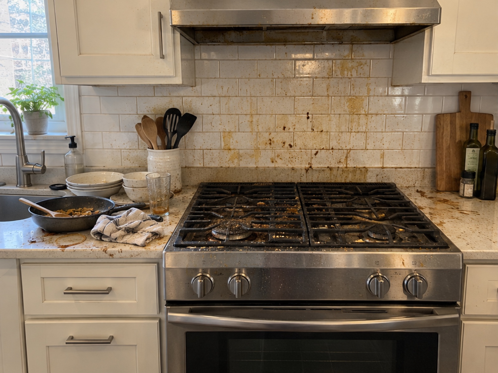 Sample kitchen before cleaning, with grease and food residue on the stove and backsplash.