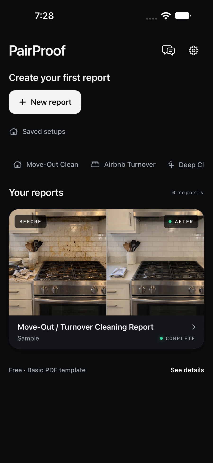 PairProof home screen with a new report button, saved setups and a sample report.