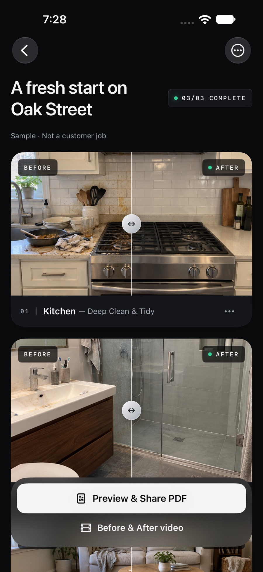 PairProof report screen with a draggable Before and After comparison of a kitchen range and a bathroom.